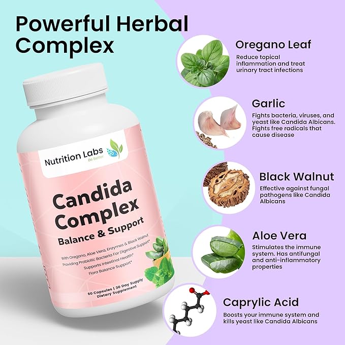 Candida Cleanse Supplement for Balance & Support, Candidase Detox, Women & Men. Gut Health & Flora, pH Level, Intestinal Health. Lactospore® Probiotics. Anti Yeast Overgrowth W/ Oregano, Caprylic Acid