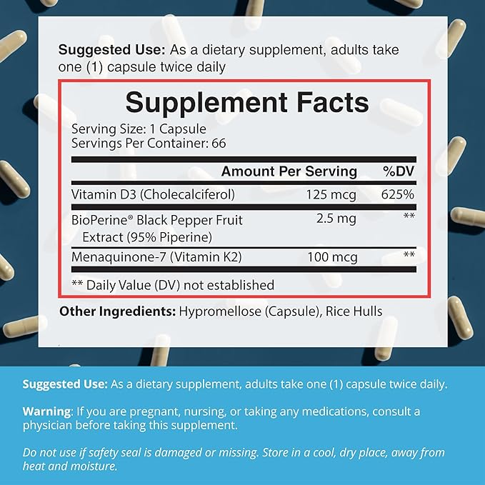 Dr. Boz - K2+D3 Capsules, 66 Servings - Vitamin D3 K2 Supplement with BioPerine - Bone & Heart Health - Enhanced Absorption - Quality Tested - Made in the USA - 5000iu (D3) - 4000iu (K2) - Self Care