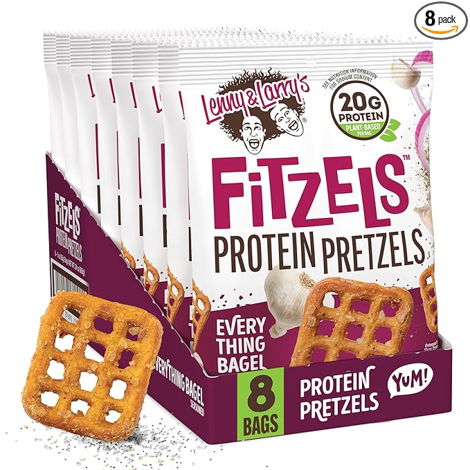 Lenny & Larry's FITZELS Protein Pretzels (Everything Bagel) 8 Individual Bags 3 oz Each – High Protein Snacks with 20g of Plant Based Protein – Healthy Vegan Pretzels – Delicious Salty Taste