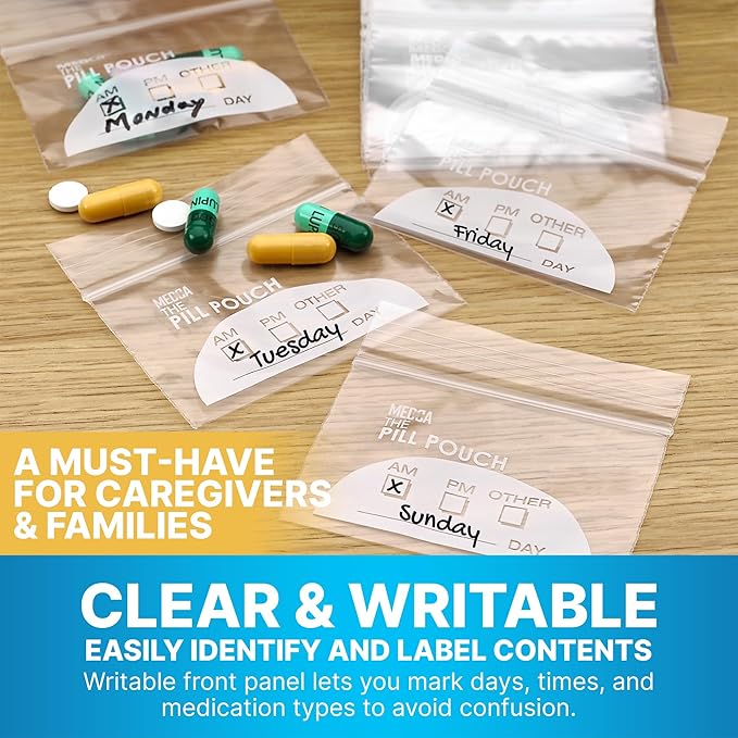 Pill Pouch Bags - (Pack of 100) 3" x 2.75" Pill Baggies and Disposable Plastic Travel Pill Bags with Write-on Labels