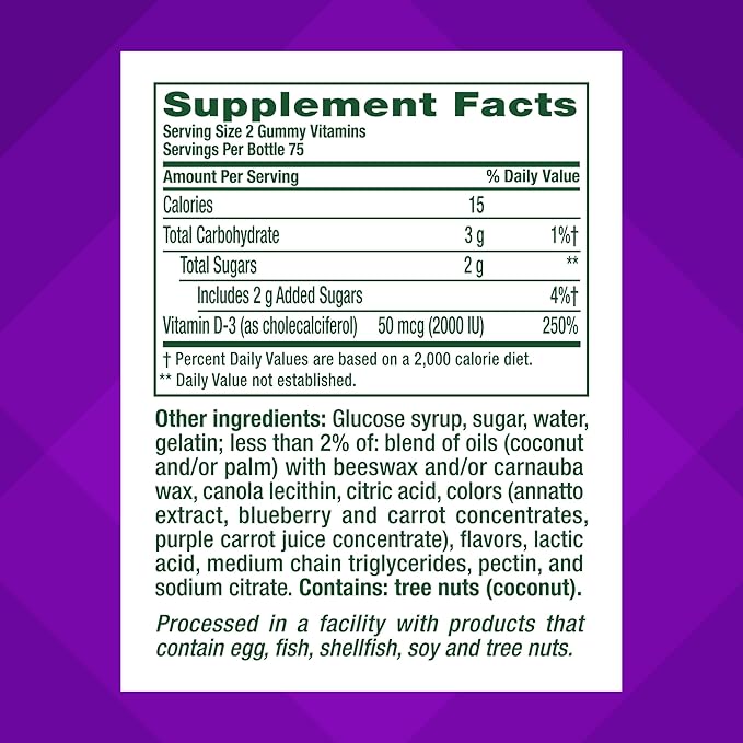 Vitafusion Vitamin D3 Gummies,Bone and Immune Support,Peach,BlackBerry,Strawberry Flavored,50 mcg D3 Gummy Vitamin Supplement,75 Day Supply,150 Count (Pack of 2)