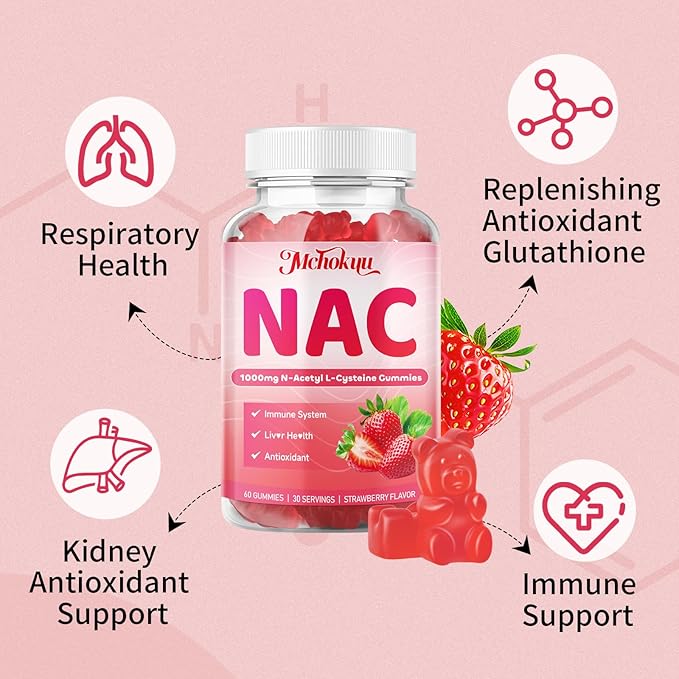 NAC Gummies for Adults & Kids 1000mg Per Serving, NAC Supplement N-Acetyl Cysteine for Immune, Glutathione & Antioxidant Support, Sugar-Free Vegan Strawberry Flavor, 120 Count