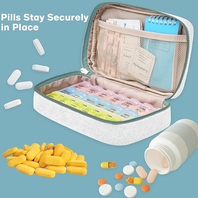 Weekly Travel Pill Organizer Pill Case for Purse with Removable 7 Day Pill Box Holder,Cute Medication Organizer Pill Container for Medicine, Vitamin, Fish Oils,Supplement (Teal, Small)