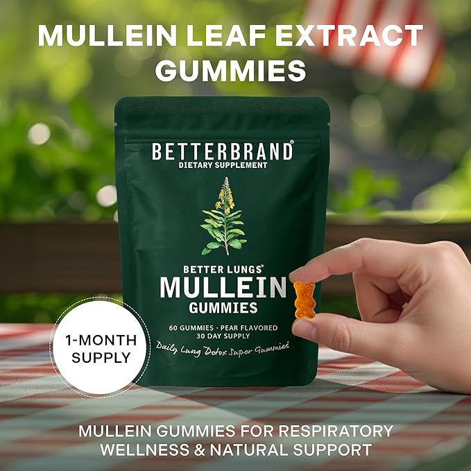 Betterbrand Mullein Chewable Gummies for Lung Cleanse and Detox, Respiratory Health Supplement, 1000mg Mullein Extract per Serving, 60 Gummies - 30 Day Supply - Pear Flavored