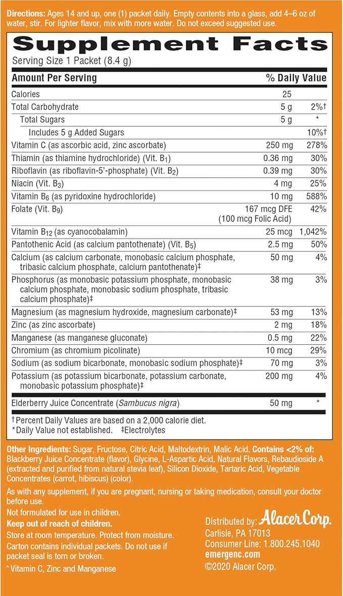 Emergen-C Elderberry Fizzy Drink Mix, Elderberry Immune Support, Natural Flavors, With High Potency Vitamin C, 18 Count