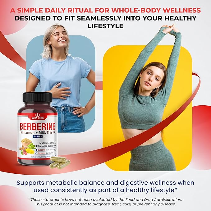 Ultra Herbs Premium Berberine with Cinnamon, Milk Thistle - Promotes Liver Function, Gut Health, Immunity (150 Count (Pack of 1))
