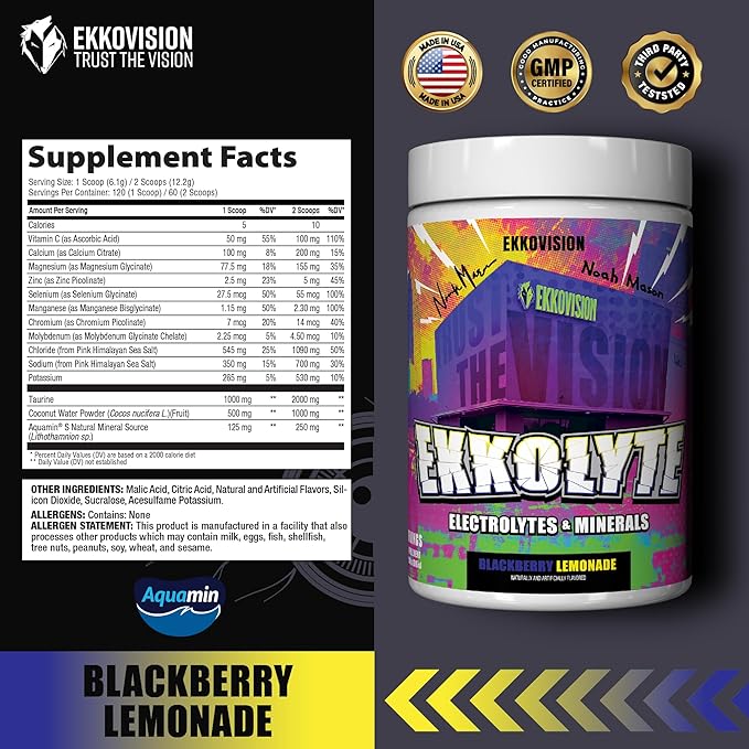 Ekkovision Ekkolyte Electrolytes & Minerals Powder, 50 MG Vitamin C & 155 MG Magnesium for Hydration Support, Essential Electrolytes for Women & Men, BlackBerry Lemonade Electrolyte Mix, 120 Servings