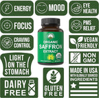 Saffron Supplements - USDA Organic Saffron Extract Capsules for Women, Men, and Kids. with Organic Prebiotic Fiber Instead of Filler. Pure and Natural for Mood, Brain, Focus, Cravings, PMS