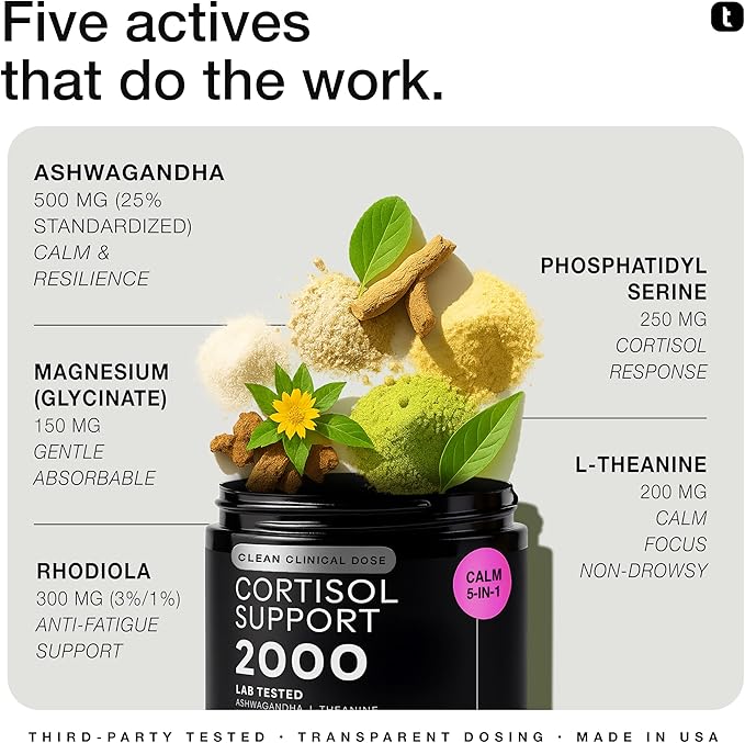 Cortisol Supplement for Women and Men — Calm, Balanced-Strength 5-in-1 Non-Drowsy, Third-Party Tested with Magnesium Glycinate, Ashwagandha, L-Theanine, Phosphatidylserine, Rhodiola — 120 Capsules