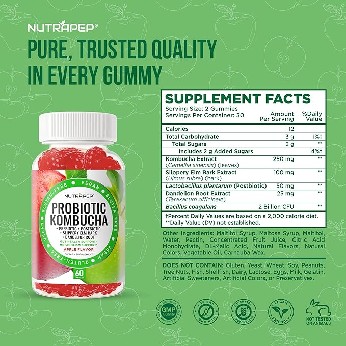 NutraPep Probiotic Kombucha Gummies - Women Men Probiotic Prebiotic Probiotic Blend for Gut Health Bloating Metabolism Support with Slippery Elm Bark Dandelion Root - Vegan Gluten Free Apple Flavor