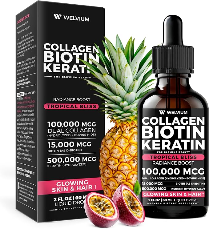Liquid Biotin and Collagen Peptide Complex with Keratin, Hyaluronic Acid, MCT Oil, Zinc, Vitamins B6, B7, B12, A, C, D3, E - Hair, Skin, and Stronger Nails Supplement for Women and Men