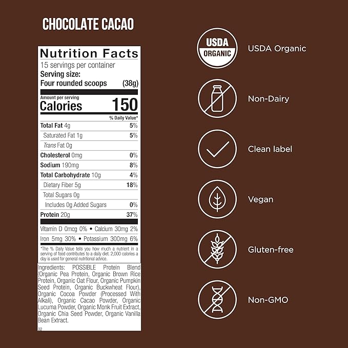 Protein Powder - Muscle Growth & Recovery Support - Plant-Based Protein - Essential Amino Acids & BCAAs - Vegan, Gluten-Free & USDA Organic - Chocolate, 1.25 Pound (Pack of 1)