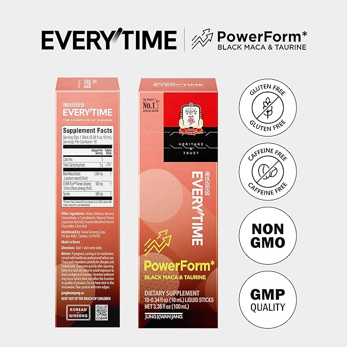 JUNG KWAN JANG Everytime PowerForm - Intra Workout Herbal Energy Drink Packets with Korean Red Ginseng, Black Maca Root & Taurine - Non GMO (0.33 fl oz, 10 Sticks)