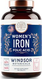 Iron and Folic Acid Supplements for Women - 35mg Gentle Iron Vitamin, Folic Acid 400mcg - Anemia, Period, Pregnancy Support Supplement, Ferrous Sulfate Pills - 180 Vegan Non-Constipating Tablets