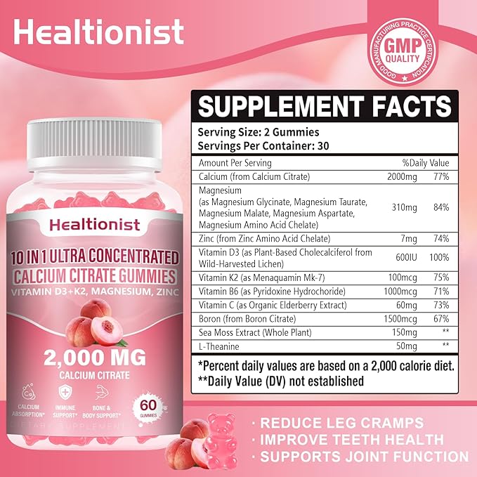 1 Packs 2000mg Calcium Citrate with Vitamin D3 K2 Supplements Gummies for Women & Men, Magnesium, Zinc, High Absorption, Bone, Muscle & Immune Support, 60 Counts Peach Flavor Gummies
