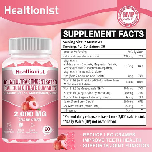 1 Packs 2000mg Calcium Citrate with Vitamin D3 K2 Supplements Gummies for Women & Men, Magnesium, Zinc, High Absorption, Bone, Muscle & Immune Support, 60 Counts Peach Flavor Gummies