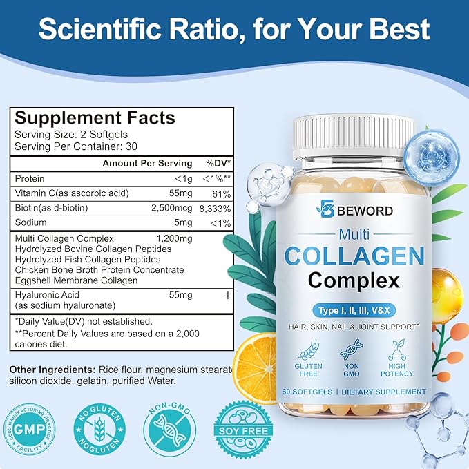 BEWORD Multi Collagen Softgels for Women & Men, 180 Capsules - Type I,II,III,V,X Hydrolyzed Collagen w/Vitamin C & Hyaluronic Acid - Supports Skin, Hair, Nails, Joints - Grass-Fed, Non-GMO, 3 Pack