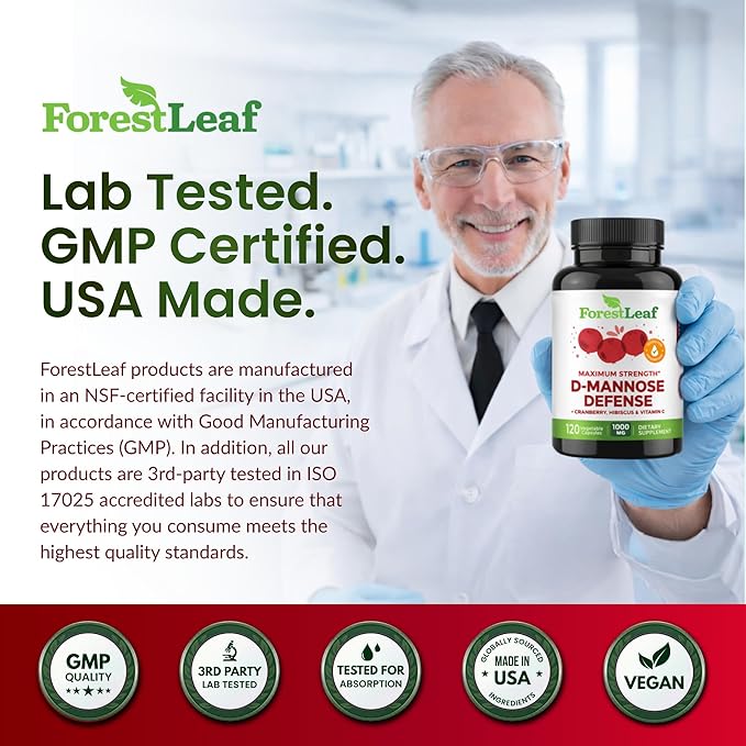 ForestLeaf D Mannose 1000mg Capsules - D-Mannose with Cranberry, Hibiscus & VIT C, Urinary Tract Health for Women and Men, Organic DMannose Pills for UTI, Urinary Health & Bladder Support 60 Capsules