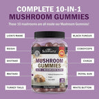 Mushroom Gummies for Adults - 10-in-1 Functional Mushroom Supplement for Mood and Focus with Lions Mane Turkey Tail Cordyceps Shiitake Reishi - Vegan, Non-GMO, Fresh Raspberry Flavor, 60 Count
