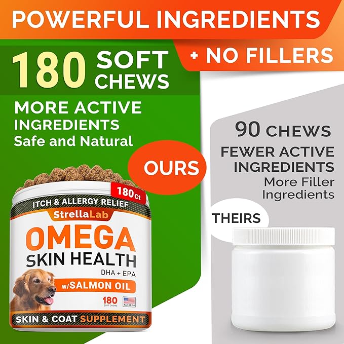 STRELLALAB Omega 3 for Dogs - (540Ct) Fish Oil Treats - Allergy & Itch Relief Skin&Coat Supplement - Dry Itchy Skin, Shedding, Hot Spots Treatment, Anti Itch - Pet Salmon Oil Chews - Chicken