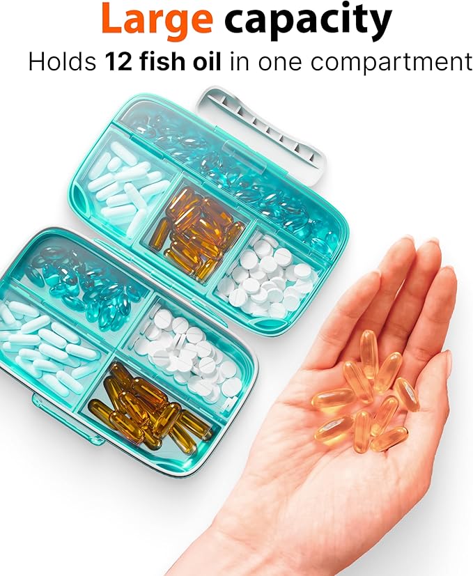 Travel Pill Organizer - Airtight Medicine Case for Traveling Portable Pharmacy Box with Labels Vitamin Container 8 Compartment Supplement Medication Holder Large Capacity Daily (Green)