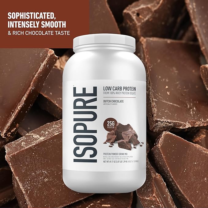 Isopure Low Carb 100% Pure Whey Isolate Protein Powder, Gluten Free, With Vitamins, Dutch Chocolate, 25g Protein Per Serving, 3.07 Lbs, 41 Servings (Packaging May Vary)