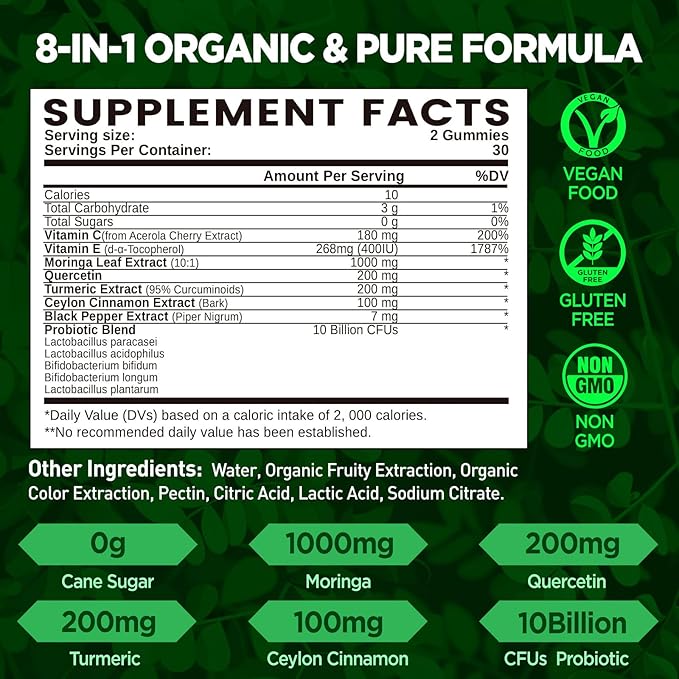 Moringa Gummies for Women Men, Pure Organic Moringa Leaf Extract Supplement with Vitamin C & E, Turmeric, Ceylon Cinnamon, Probiotics for Gut & Immune Health, Supergreen, Sugar-Free, Vegan, 60 Chews