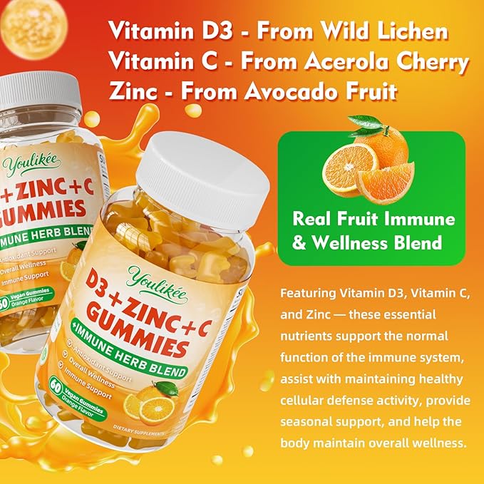 2 Pack Vitamin C + D3 + Zinc Gummies for Adults, Immune Support Supplement with Elderberry, Echinacea & Mullein Leaf - Antioxidant Support, Sugar Free, Orange Flavor, 120 Count
