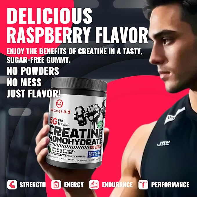Natures Aid NSF Certified Creatine Gummy 5g - Creatine Monohydrate Gummies – Pre-Workout Energy & Muscle Growth Support for Men & Women | Watermelon Electrolyte Gummies (135 Count)