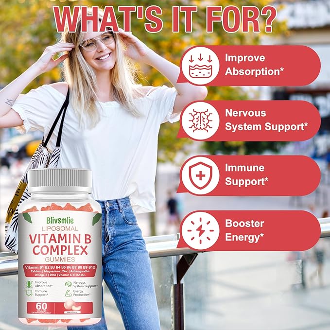 2 Pack 33-in-1 Liposomal Vitamin B Complex Gummies -B1, B2, B3, B4, B5, B6, B7, B8, B9,B12 | Vitamin C, D3,K2|Calcium,Magnesiun,Zinc etc.for Energy, Brain,Immune,Skin Support &Heart Support