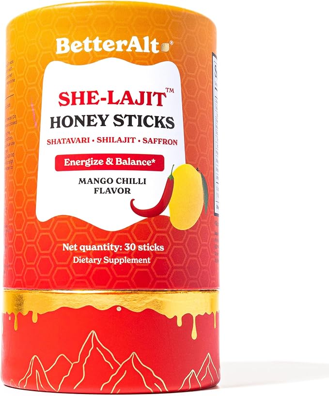 Better Alt She-Lajit Honey Sticks Mango Chilli Flavor | with Shatavari, Shilajit & Saffron | 85+ Nutrients for Vitality & Stamina| 30 Sticks