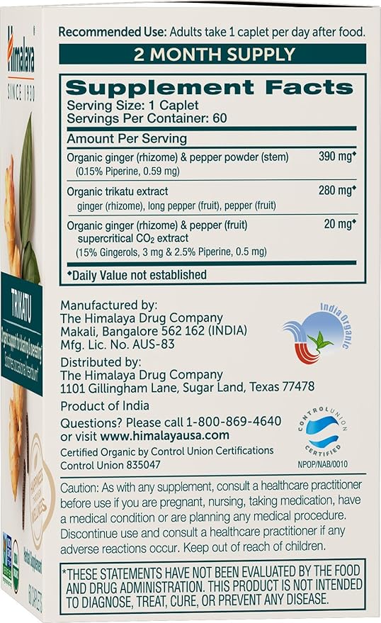 Himalaya Organic Trikatu, 60 Day Supply - Digestive Health Supplement for Occasional Bloating, Heartburn, and Indigestion Relief - USDA Organic, Vegan, Non-GMO, Gluten Free, 60 Caplets