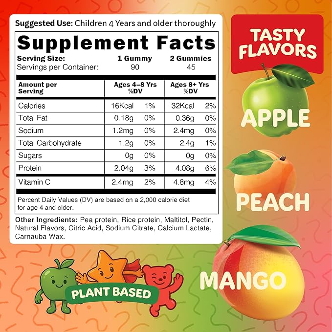 Bear Bites Gummies-Plant Based Kids Protein Gummy– Vegan, Sugar-Free, Gluten-Free, Vitamin C – Immunity Booster, Protein Snacks –Tasty Apple, Peach, Mango Flavors –90 Count –No Artificial Flavors