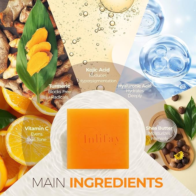Inlifay Turmeric Soap for Dark Spots: Kojic Acid Soap for Women with Hyperpigmentation - Home Travel Use Skin Cleansing Size: 1.17 Ounce (Pack of 6)