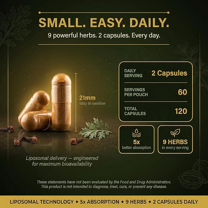Liposomal Herbal Parasite & Gut Detox, 120 Capsules, 5X Better Absorption, with Black Walnut, Wormwood, Clove, Pumpkin Seed, Garlic, Oregano, PAU D'Arco, Papaya