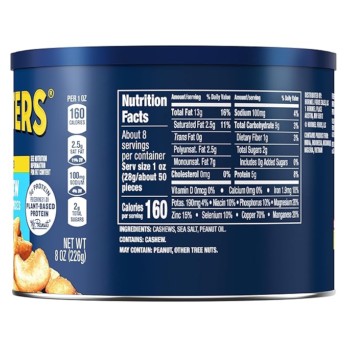 PLANTERS Salted Cashew Halves & Pieces, Party Snacks, Plant-Based Protein 8oz (1 Canister)
