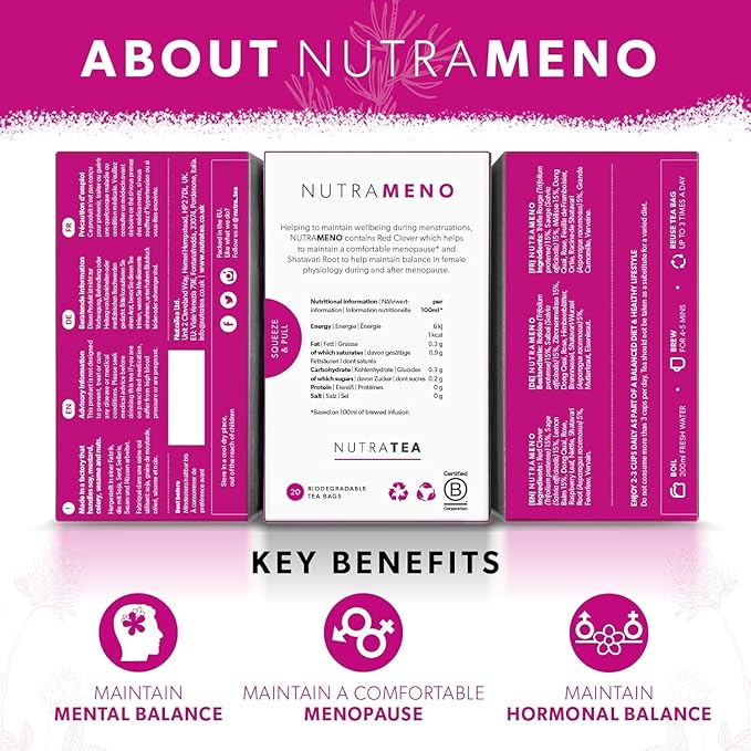Nutra Tea NutraMeno - Menopause Tea, Red Clover Tea - Perimenopause & Menopause Relief For Women - Includes Red Clover, Sage & Rose - 120 Individually Wrapped Bags - Herbal Infusion (6 Pack)