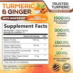 Turmeric Curcumin Supplement - 95% Curcuminoids with Organic Turmeric & Ginger, BioPerine Black Pepper Extract for Best Absorption, Natural Vegan Joint Support, Non-GMO, Bottled in USA - 60 Capsules