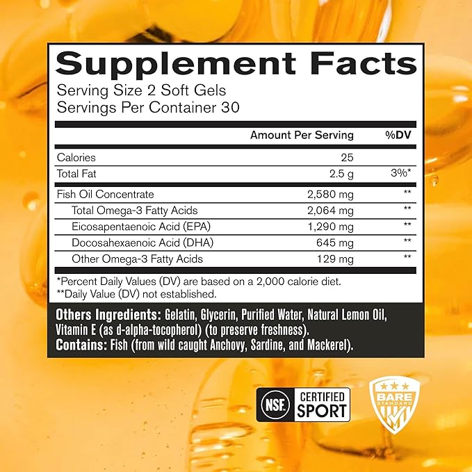 BARE PERFORMANCE NUTRITION, BPN Strong Omega Fish Oil Soft Gel, 1290mg Fish Oil per Capsule, Wild Caught Fish, Sustainably Sourced, IFOS Certified, 30 Servings