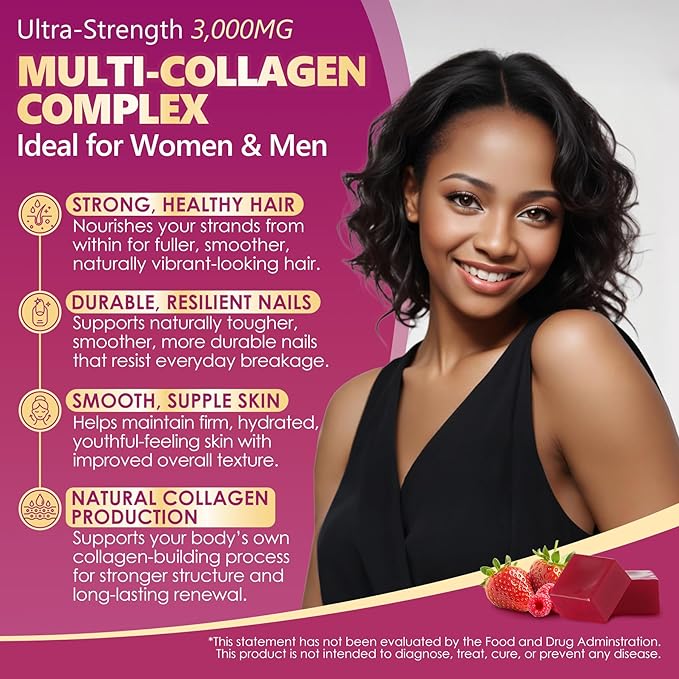 Collagen Gummies + Biotin Soft Chews 3000mg for Women & Men, Ultra Hydrolyzed Collagen Peptides Boosting Type I,II,III,V,X, Vitamin C, E, Anti-Aging Formula for Hair, Skin & Nails, Digestion,Bone,60Ct