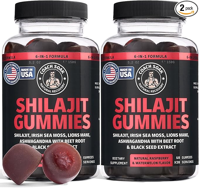 Coach Soak Shilajit Gummies 6-in-1: Tasty Raspberry Watermelon Flavor with Ashwagandha, Lion’s Mane, Irish Sea Moss, Beet Root & Black Seed Oil - Lab Tested Pure Shilajit for Men and Women | 120 ct