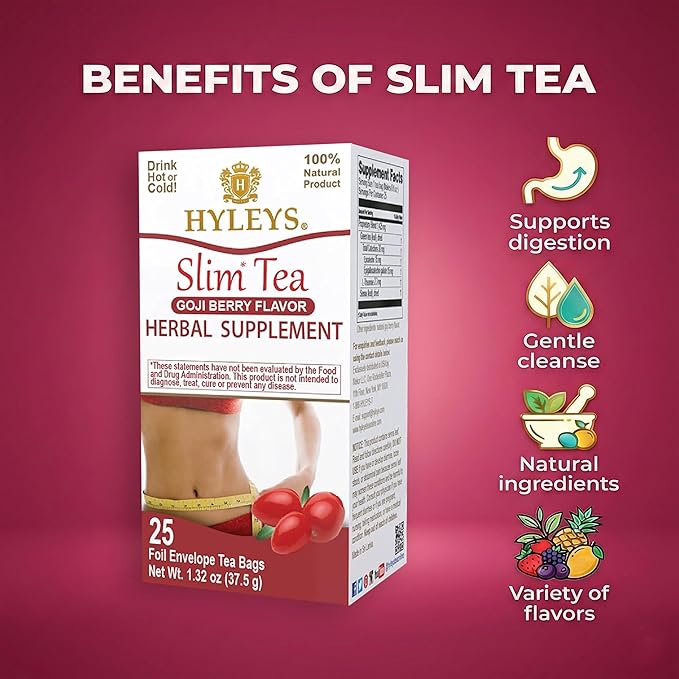 Hyleys Slim Tea Goji Berry Flavor - Weight Loss Herbal Supplement Cleanse and Detox - 25 Tea Bags (6 Pack)