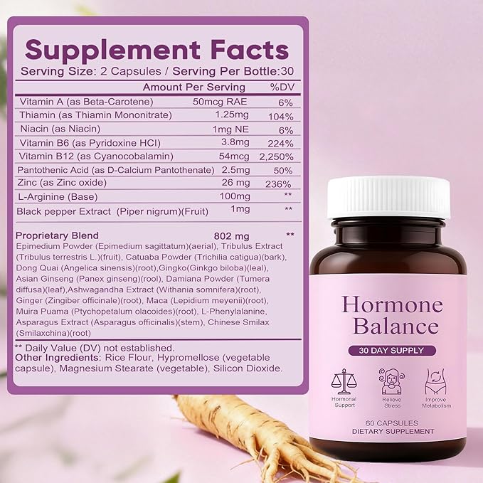 Hormonal Balance Supplements for Women - Weight Management for Menopause Relief, Support Mood & Energy, with Ashwagandha, Ginger Root, 60 Capsules