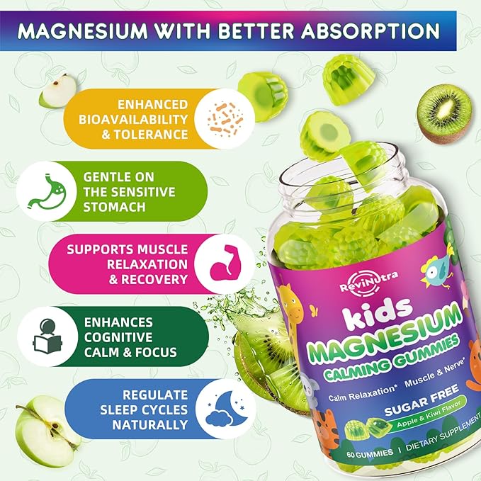 Center-Filled Kids Magnesium Gummies - Magnesium Glycinate Gummies for Kids & Adults with L-Theanine, Chamomile, Licorice, Vitamin D, B6 for Sleep, Relaxation, Brain & Muscle - Sugar Free Apple & Kiwi