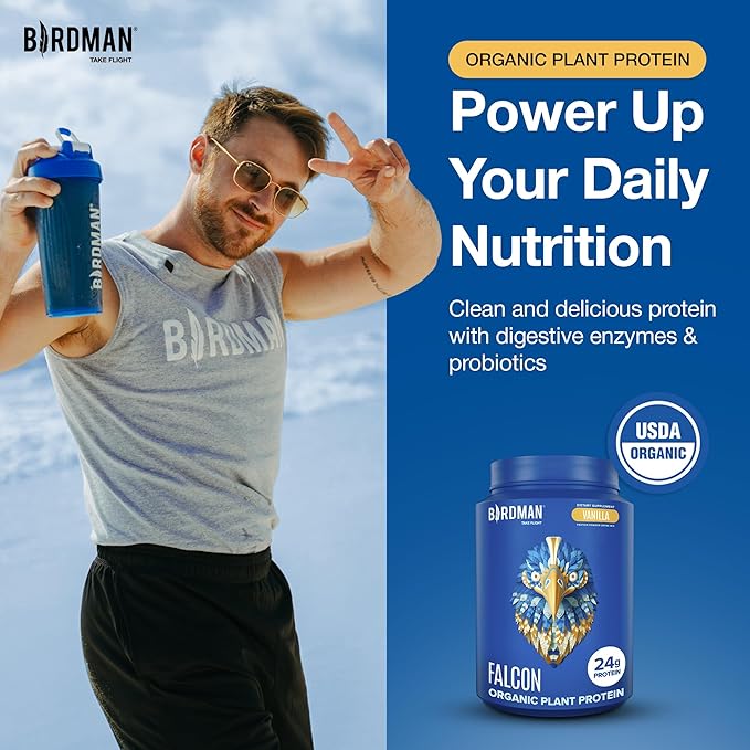 BIRDMAN Falcon Vegan Protein Powder Organic, Stevia & Sugar Free, Plant Based Protein, Low Carb, Dairy Free, Keto, Non Whey Protein, Probiotic, Pea Protein | Vanilla Flavor - 37 Servings - 2.64lb