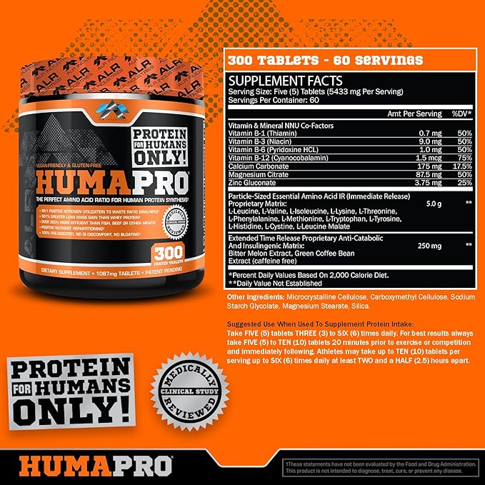HumaPro Essential Amino Acid Formula | EAA Protein Supplement | Supports Muscle Recovery & Performance | Vegan, Gluten Free | | 300 Tablets / 60 Servings