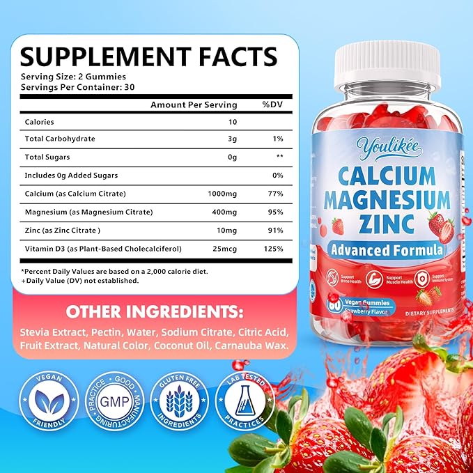 2 Pack Calcium Magnesium Zinc Gummies for Adult, Calcium Citrate with Vitamin D3, High Absorption Calcium Magnesium Supplement for Women & Men, Sugar-Free, Strawberry Flavor, 120 Count