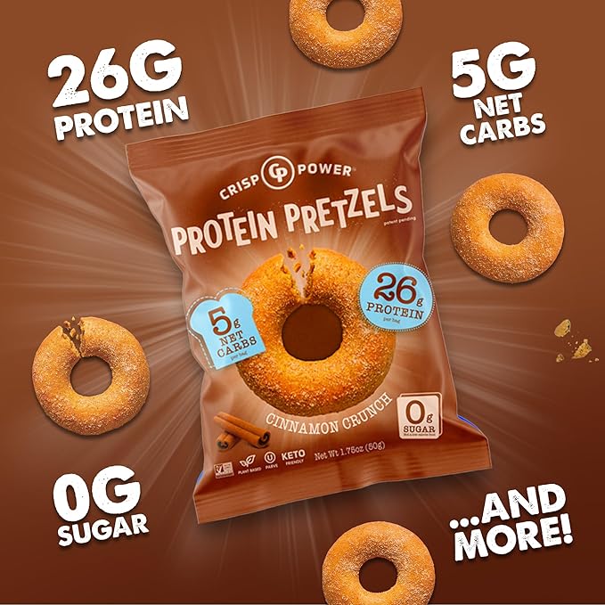 CRISP POWER Protein Pretzels, NEW Cinnamon Crunch, 26G Protein, High Protein Snack, High Fiber, Low Carb Crunchy Pretzel Snacks, No Added Sugar, 1.75 oz Bags, 6 Pack, Vegan, Keto