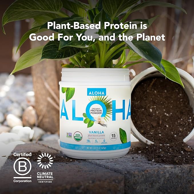ALOHA Organic Plant Based Protein Powder, Stevia Free, Vanilla, 19.6 oz, 15 Servings PACKAGING MAY VARY