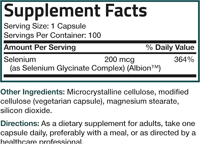 Bronson Selenium 200 mcg – Yeast Free Chelated Amino Acid Complex - Essential Trace Mineral with Superior Absorption, 100 Vegetarian Capsules